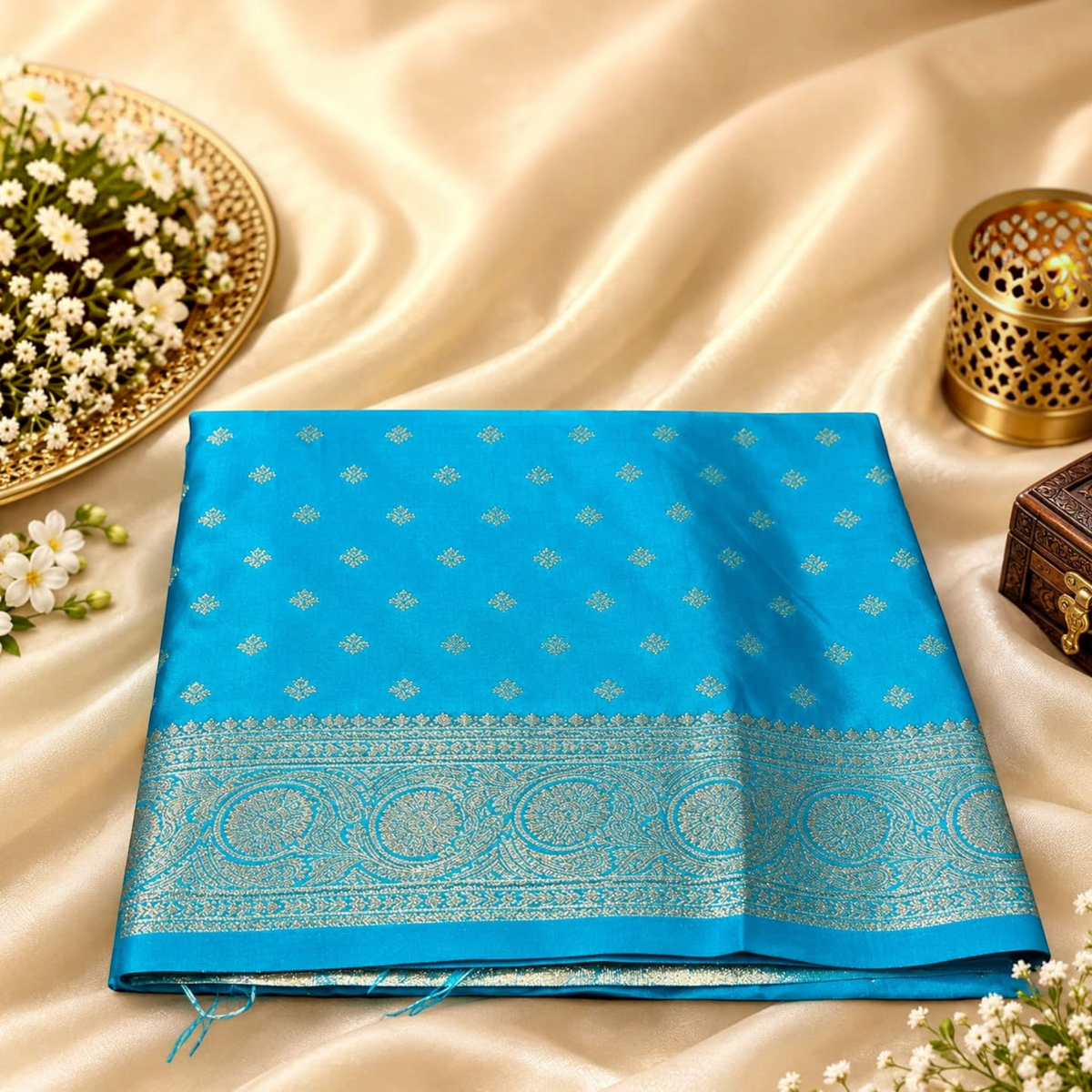 City Center satin silk saree in bright blue with intricate gold zari border and floral motifs for festive wear