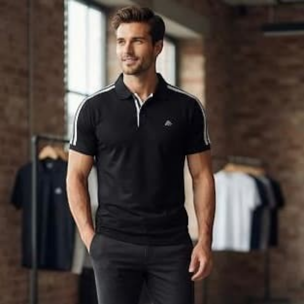 City Center M-Line premium black polo shirt with white shoulder stripes worn by a man in a studio setting