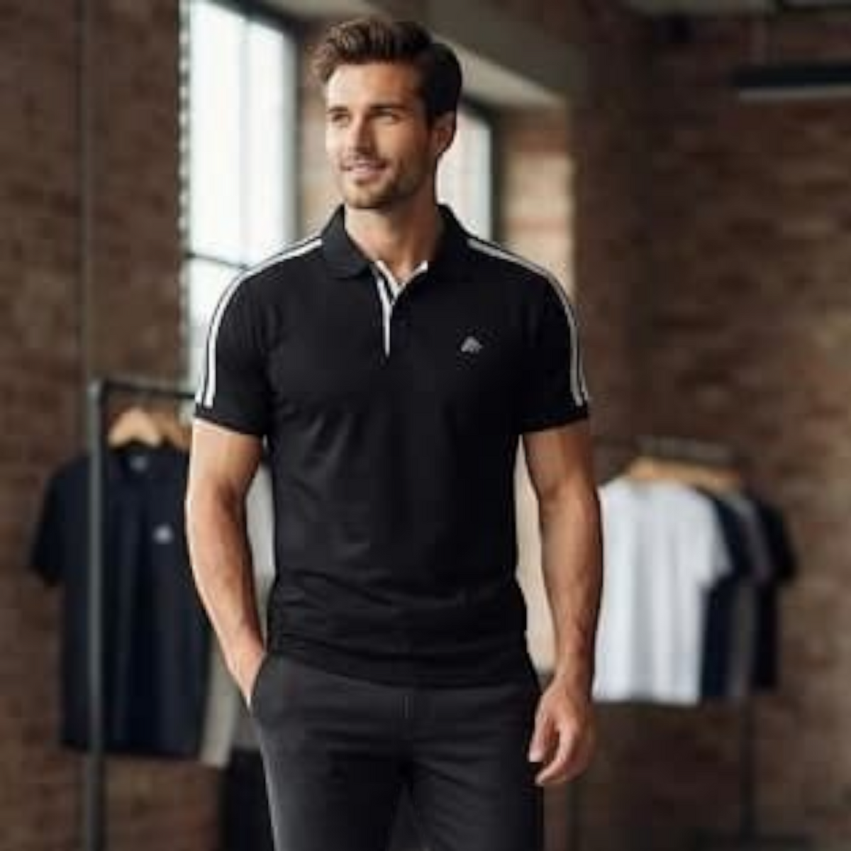 City Center M-Line premium black polo shirt with white shoulder stripes worn by a man in a studio setting