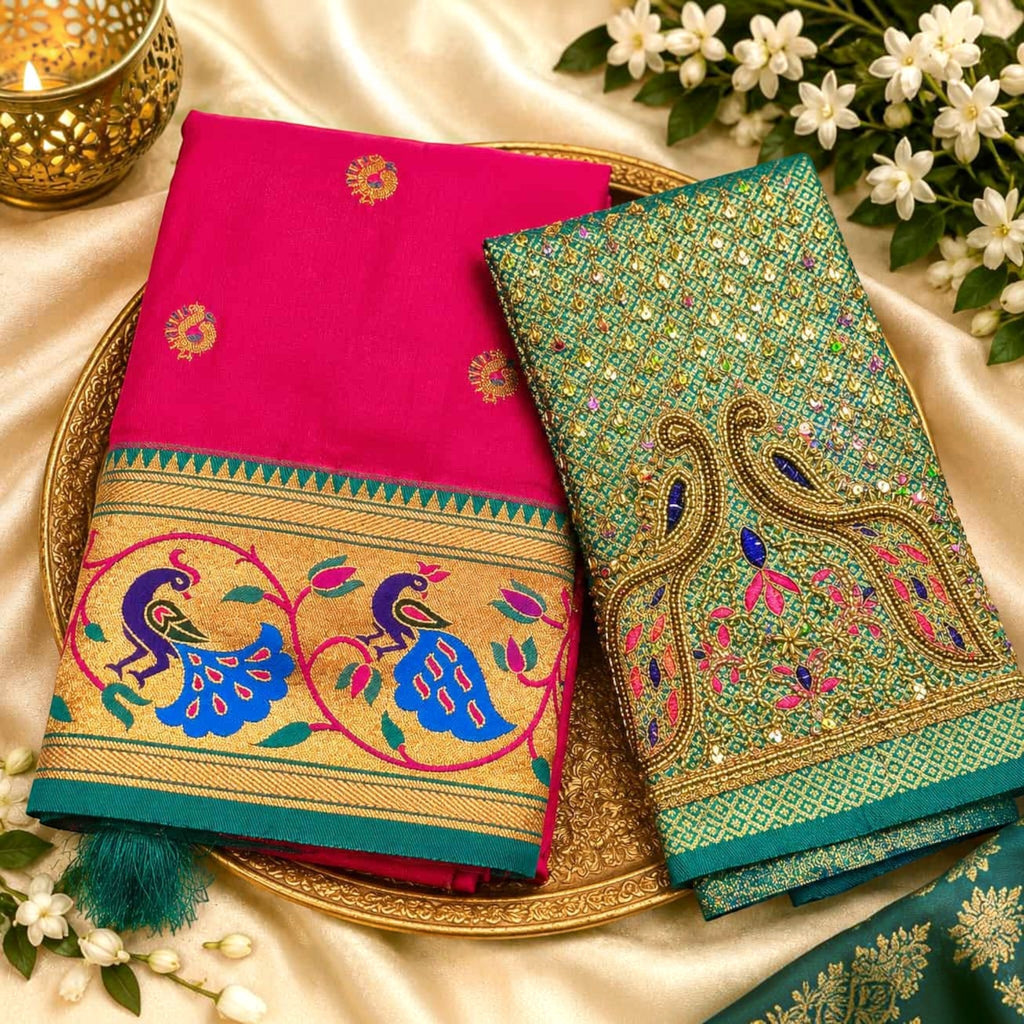 City Center designer saree in vibrant pink with a teal border and an intricately embroidered peacock blouse piece