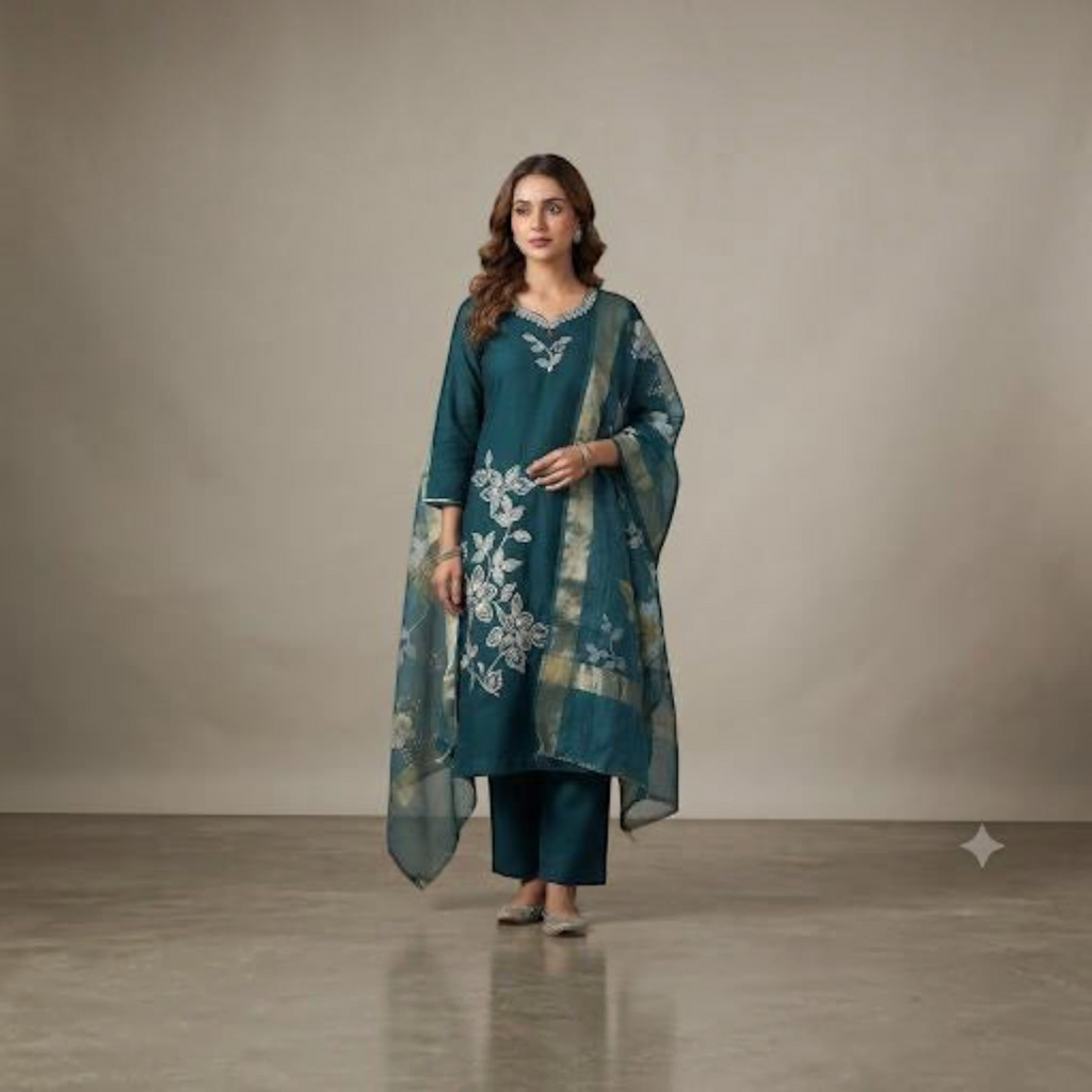City Center Blue Lady Sigar Set featuring a teal blue kurta with white floral embroidery and a matching dupatta.
