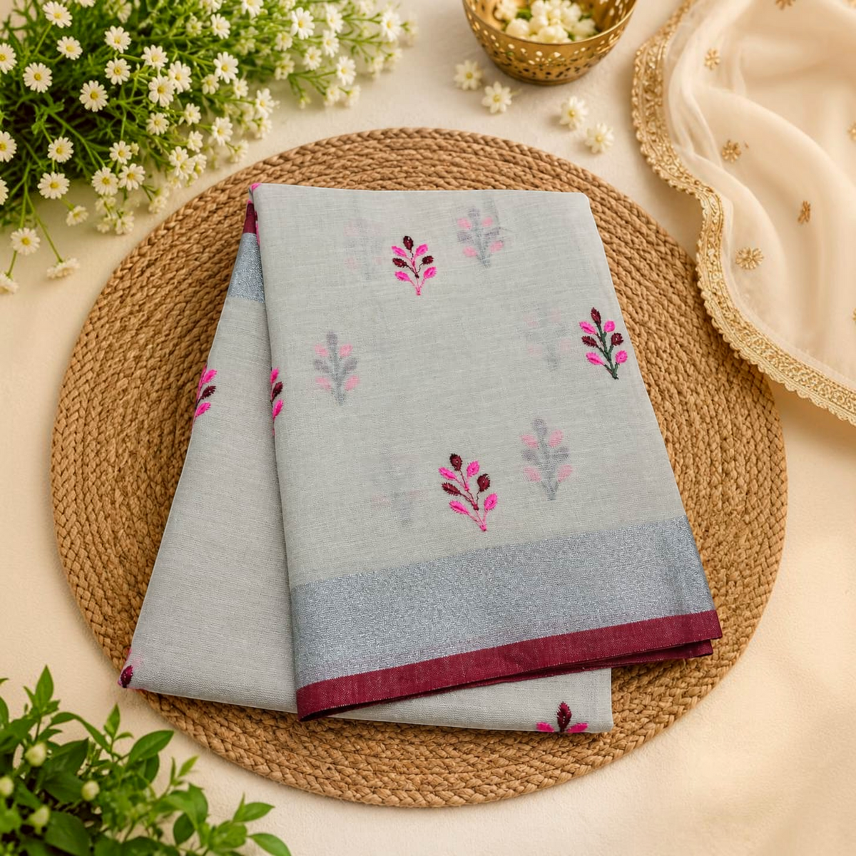 City Center grey linen cotton saree featuring delicate pink and dark floral butti embroidery and a metallic border