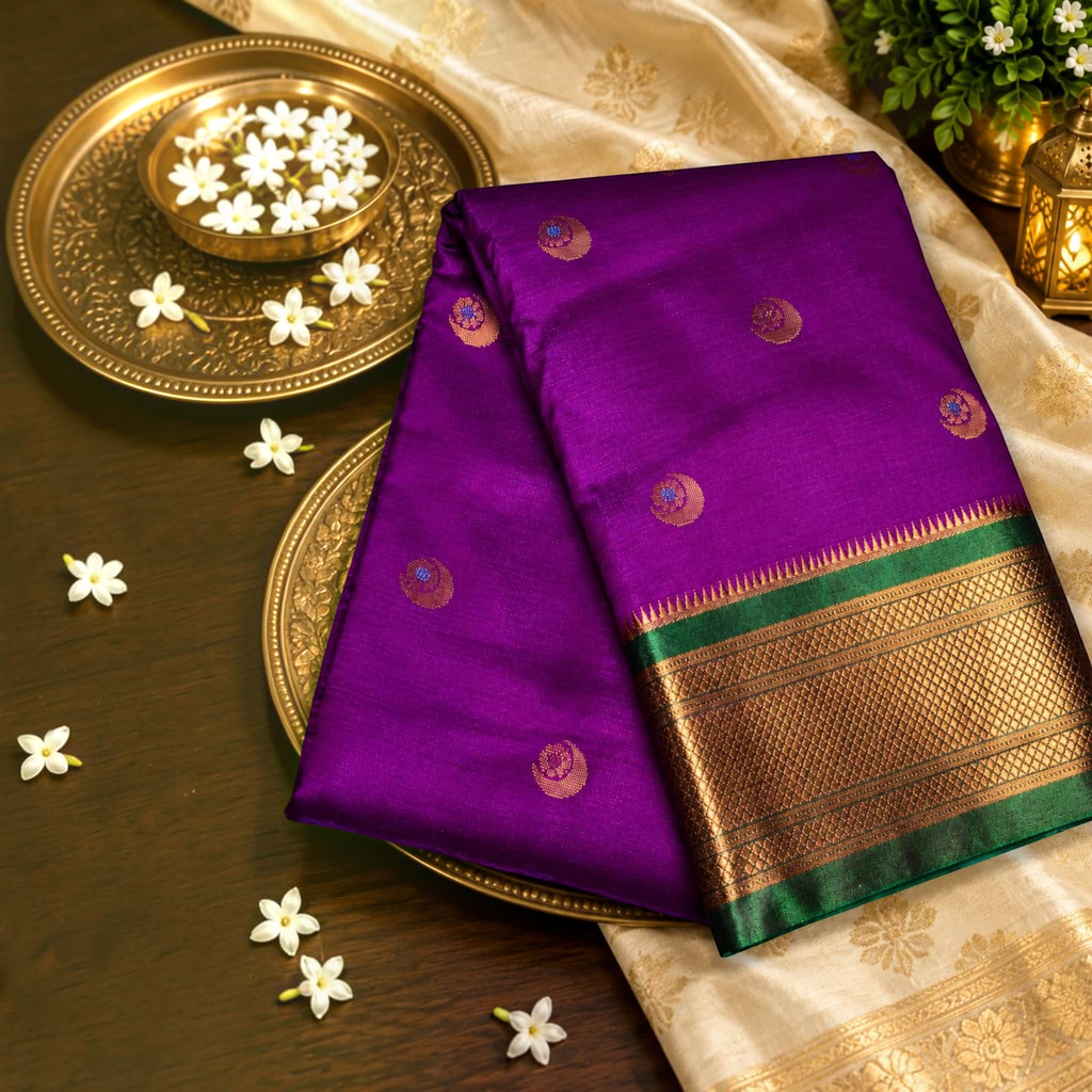 City Center Banarasi silk Chandrakor saree in deep purple with a green and gold zari border and small circular motifs.