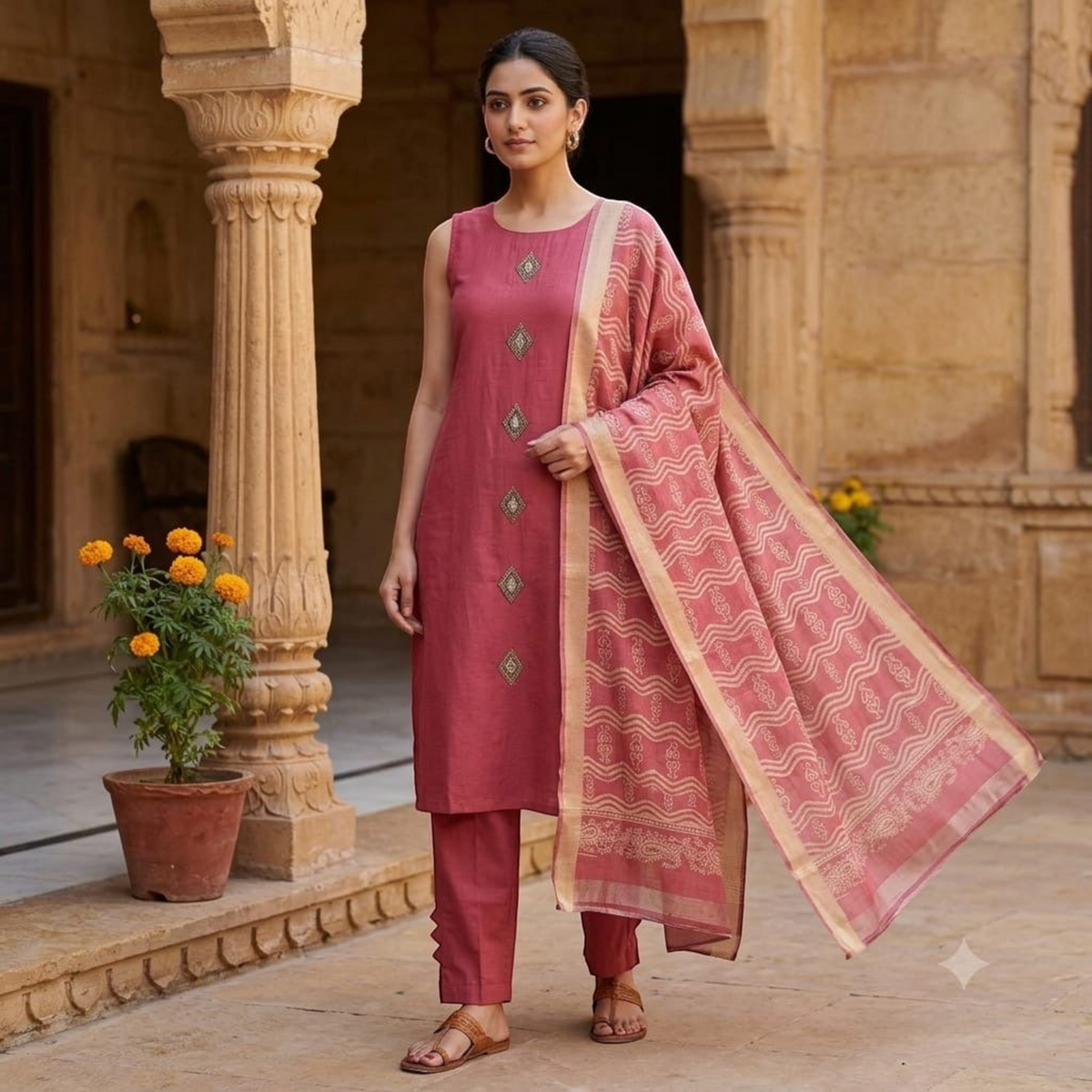 City Center model wearing a dusty rose kurta set with matching cigar pants and a patterned dupatta in a courtyard.