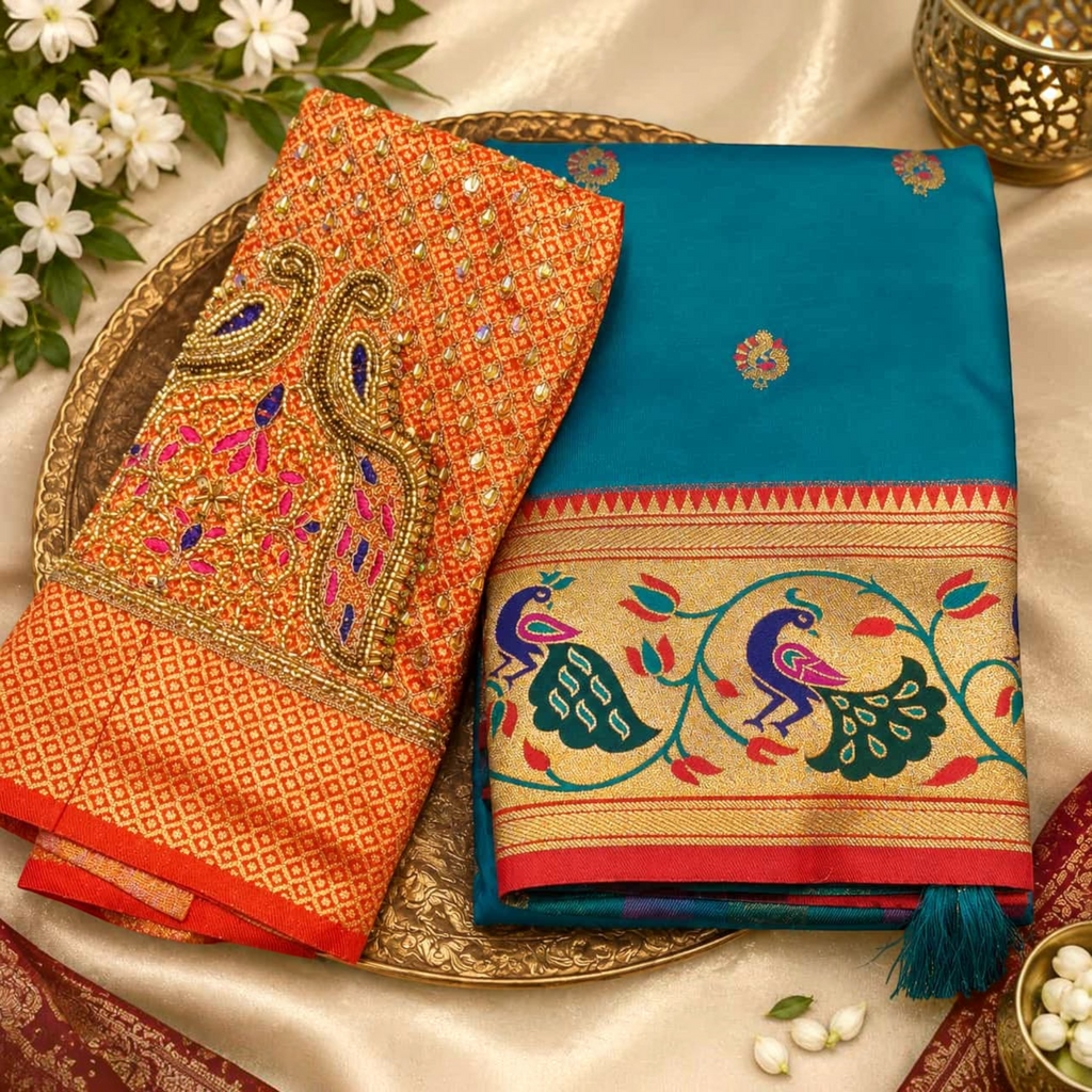 City Center designer saree in teal with a vibrant orange blouse featuring intricate peacock embroidery and beadwork