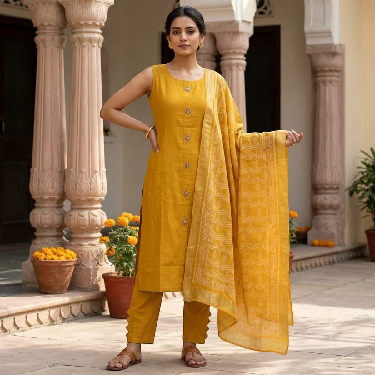 City Center mustard yellow sleeveless kurta set with matching cigar pants and a patterned dupatta on a woman