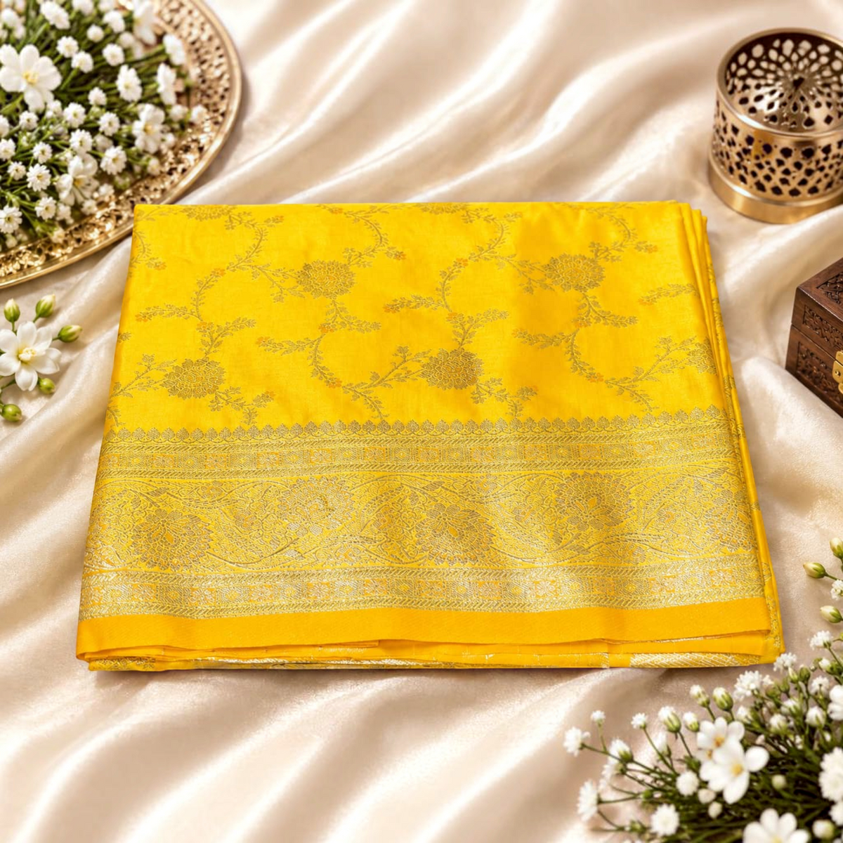 City Center yellow satin silk saree featuring intricate gold floral embroidery and a wide traditional border