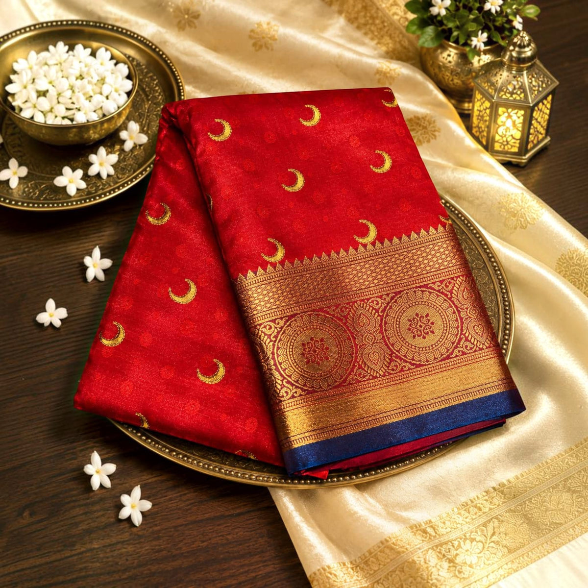 City Center red Banarasi silk saree featuring gold crescent moon motifs and an ornate traditional zari border