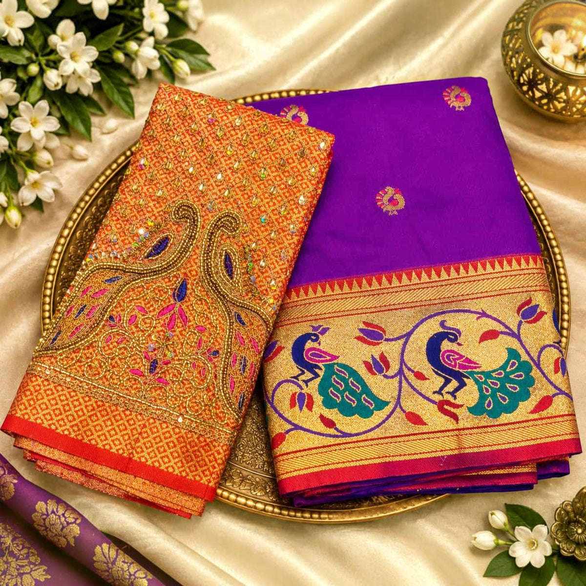 City Center designer saree in purple with gold peacock border and matching orange blouse featuring intricate embroidery
