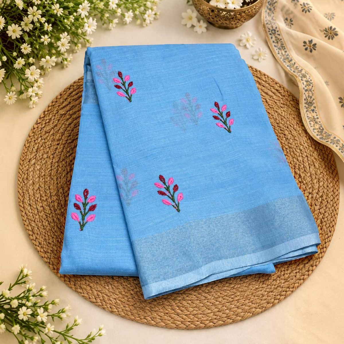 City Center light blue linen cotton saree featuring delicate pink and green floral butti embroidery and silver border.