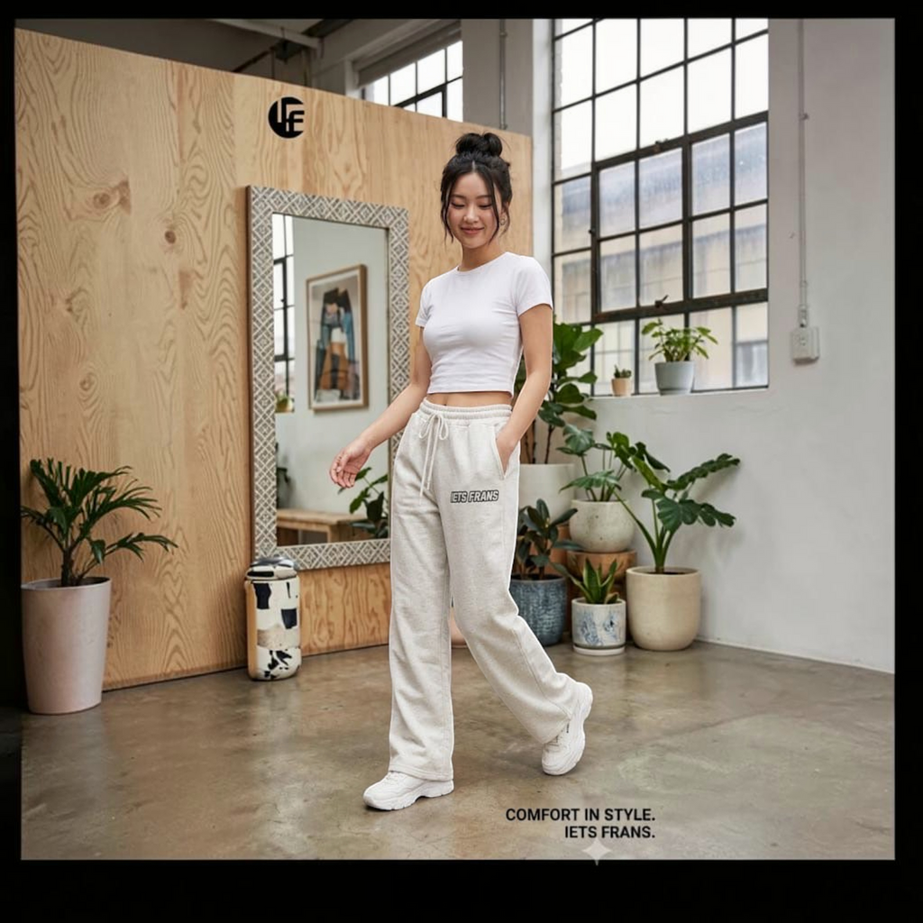 City Center Korean-style beige wide-leg sweatpants featuring a drawstring waist and graphic detail on a model
