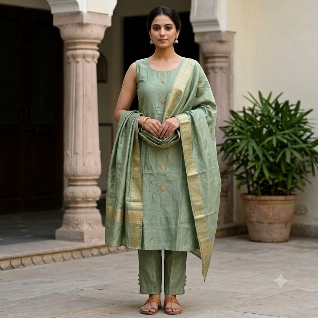 City Center sage green cotton kurta set with matching cigar pants and a gold-bordered dupatta worn by a woman