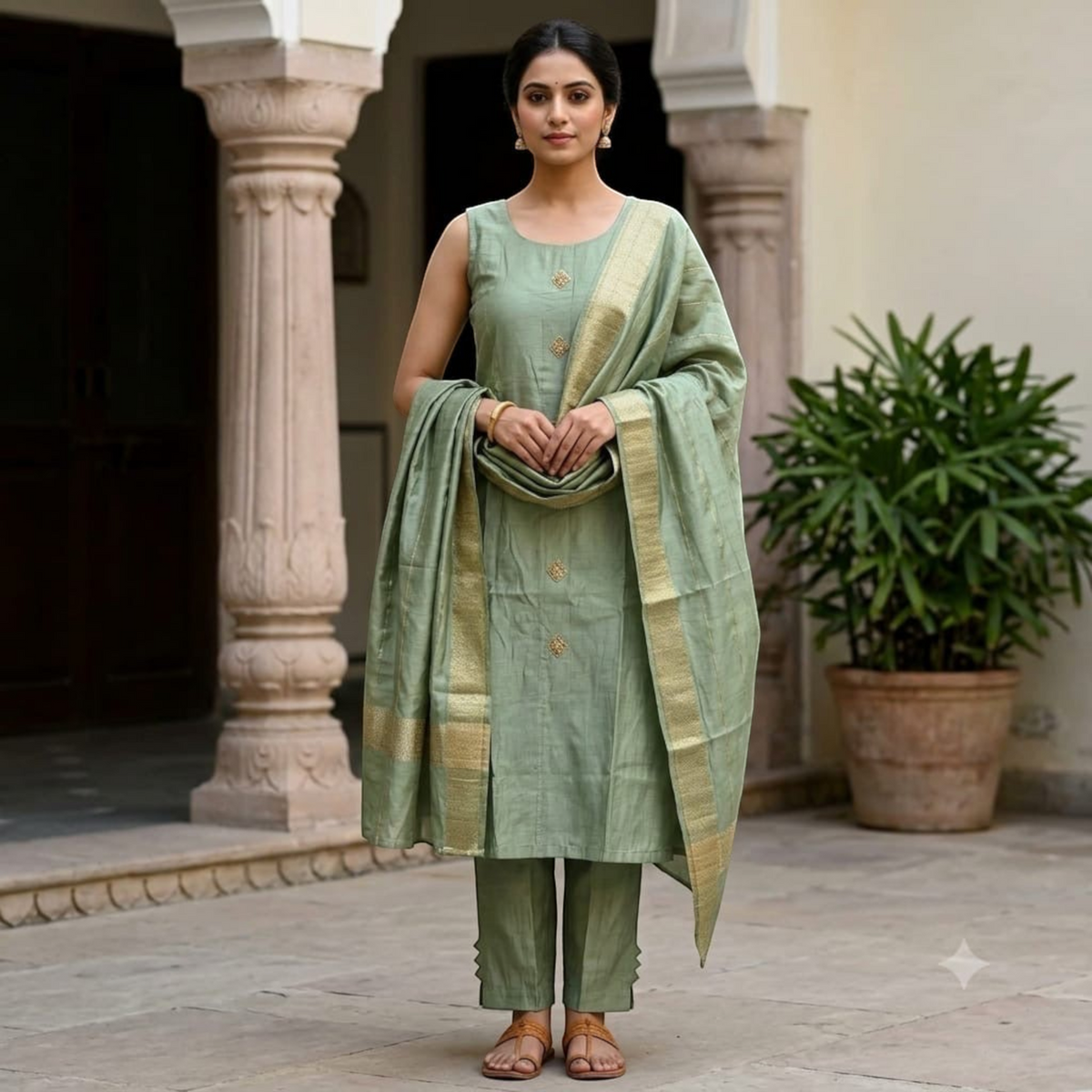 City Center sage green cotton kurta set with matching cigar pants and a gold-bordered dupatta worn by a woman