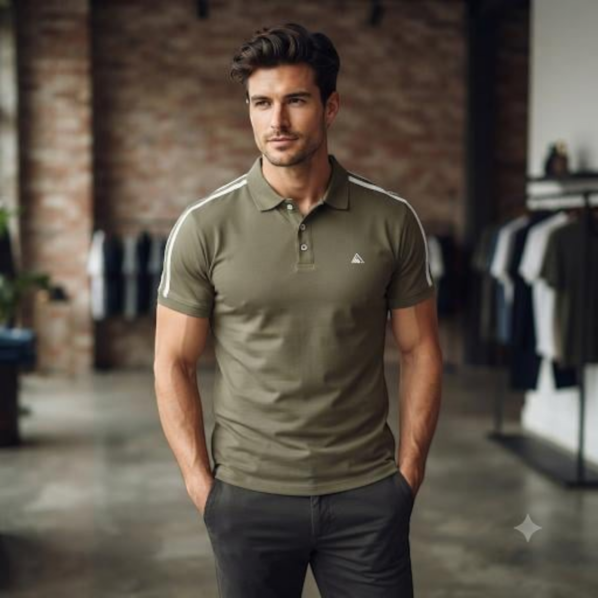 City Center M-Line premium olive green polo shirt with white shoulder stripes worn by a man in a clothing store