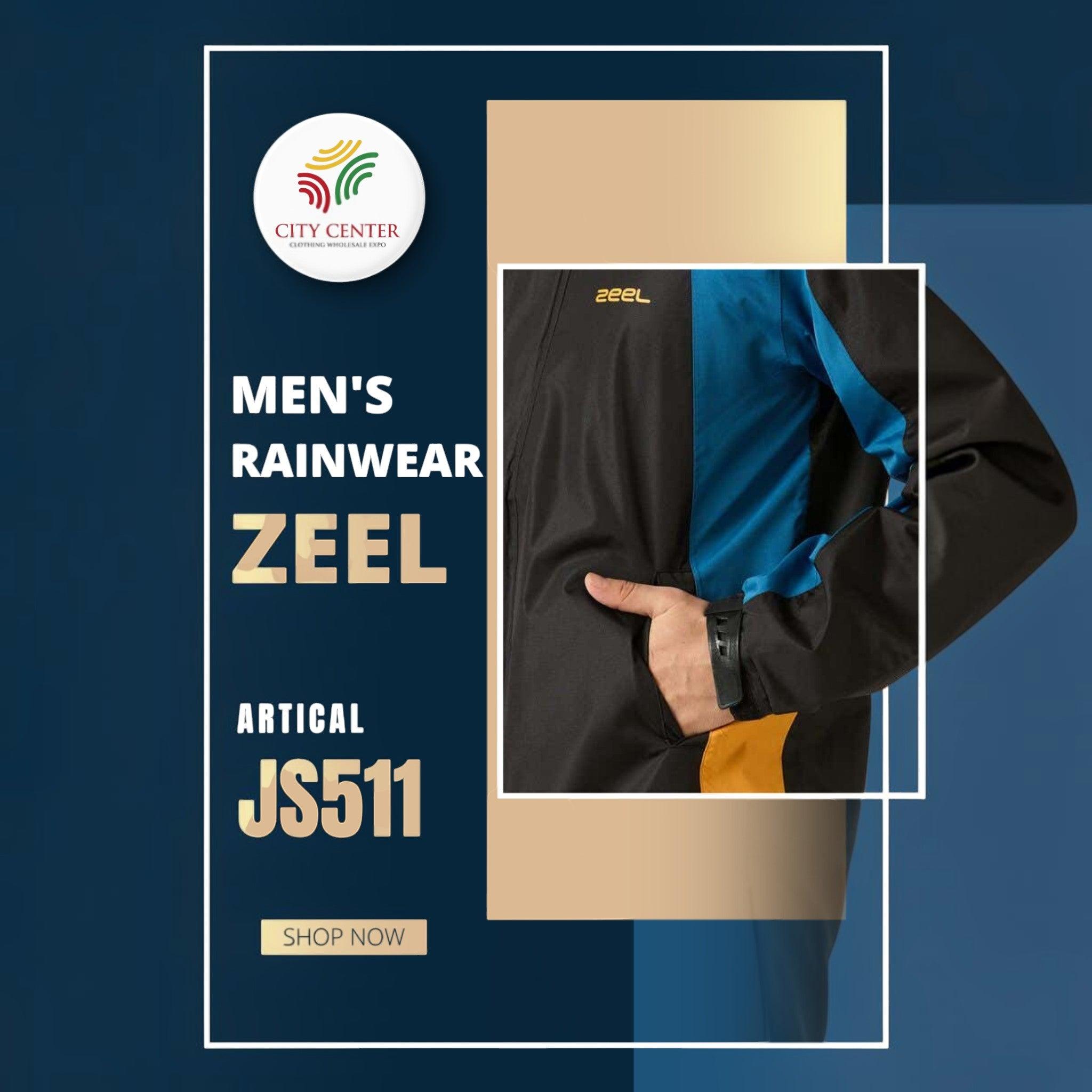 City Center Zeel men's waterproof rain jacket in black and blue athletic colorblock design