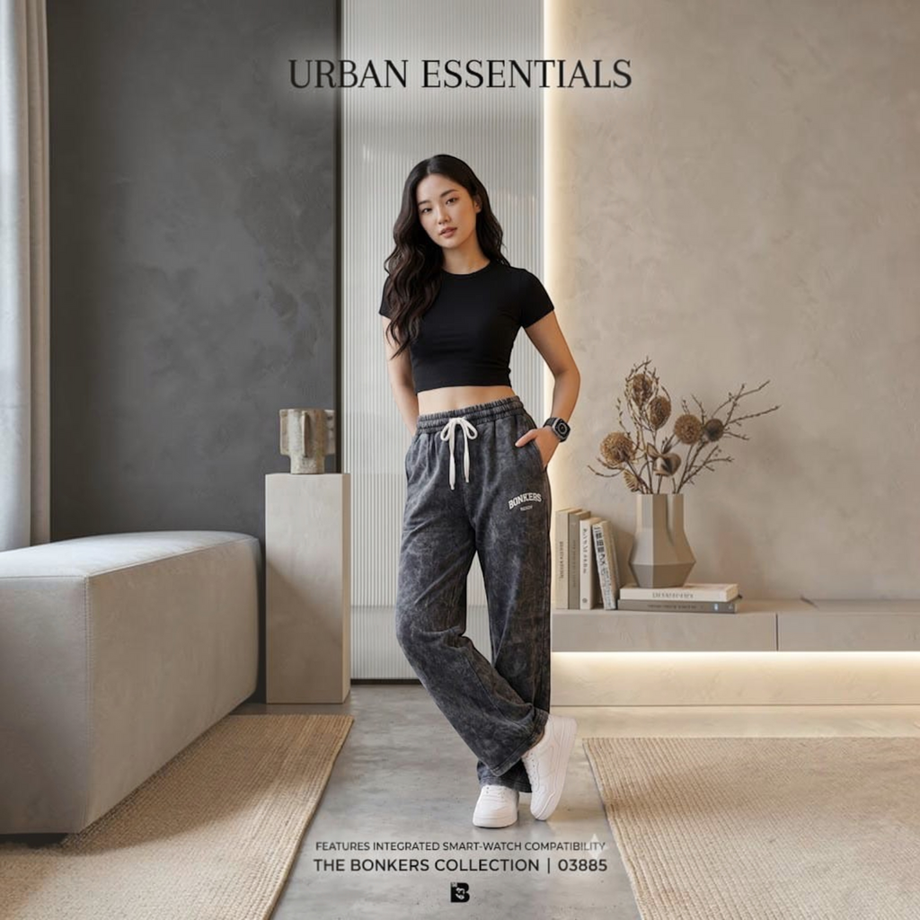 City Center Korean-style grey acid-wash joggers worn by a woman with a black crop top and white sneakers