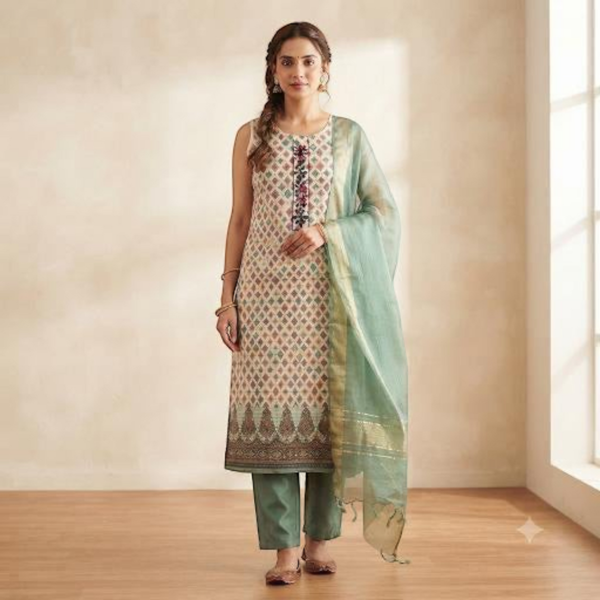 City Center Kalki Churidar set featuring a patterned sleeveless kurta, green trousers, and a matching sheer dupatta.