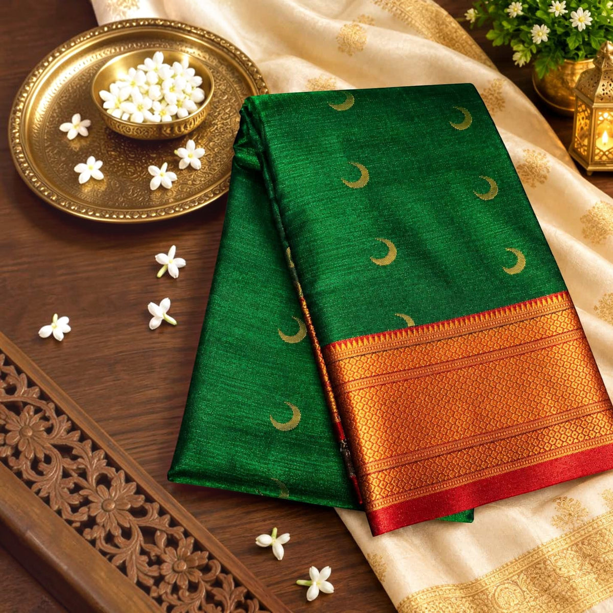 City Center green Banarasi silk Chandrakor saree with gold crescent moon motifs and a wide orange zari border.