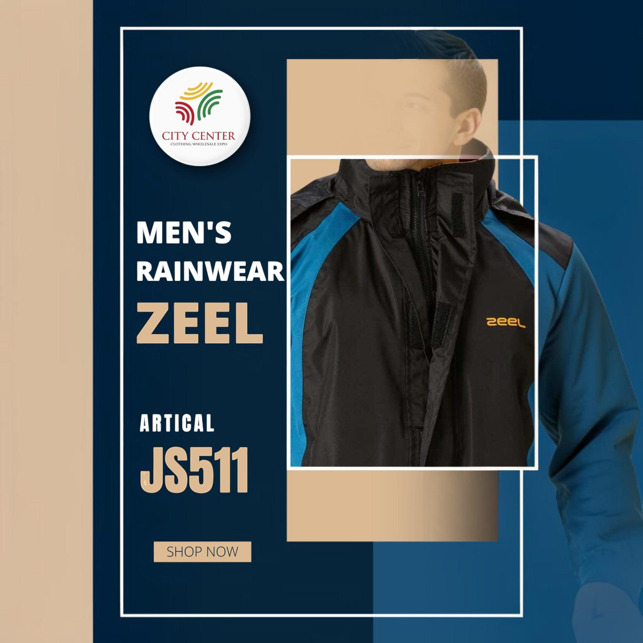 City Center Zeel men's premium waterproof rain jacket in black and blue colorblock design for monsoon protection.