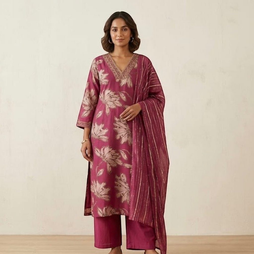 City Center premium traditional chudidar set in magenta with floral print, v-neckline, and matching striped dupatta.