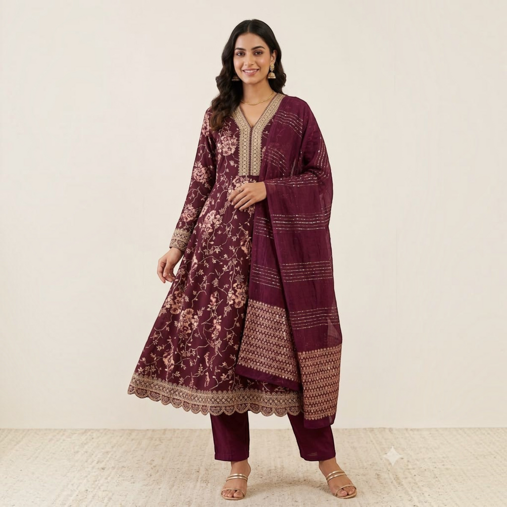 City Center Krisha Gher Sigar set featuring a deep purple floral kurta with gold embroidery and matching trousers.