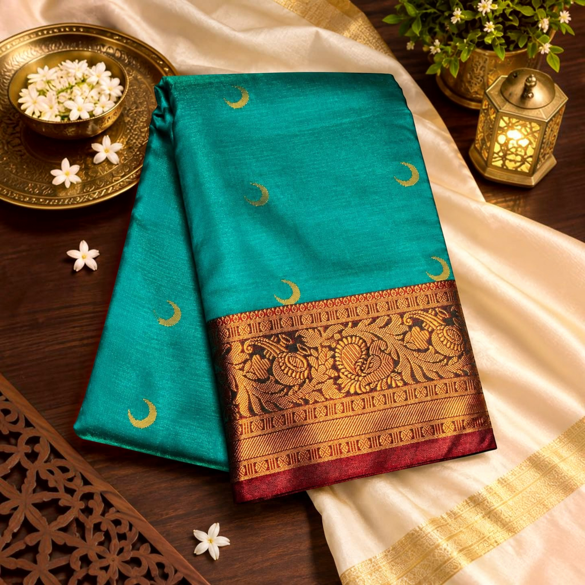City Center teal Banarasi silk Chandrakor saree with gold crescent moon motifs and an ornate zari border.
