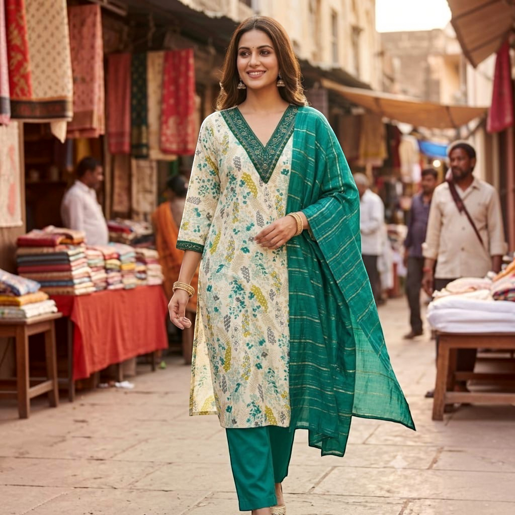 City Center premium traditional chudidar set with a floral cream kurta and green trousers worn in a market street.
