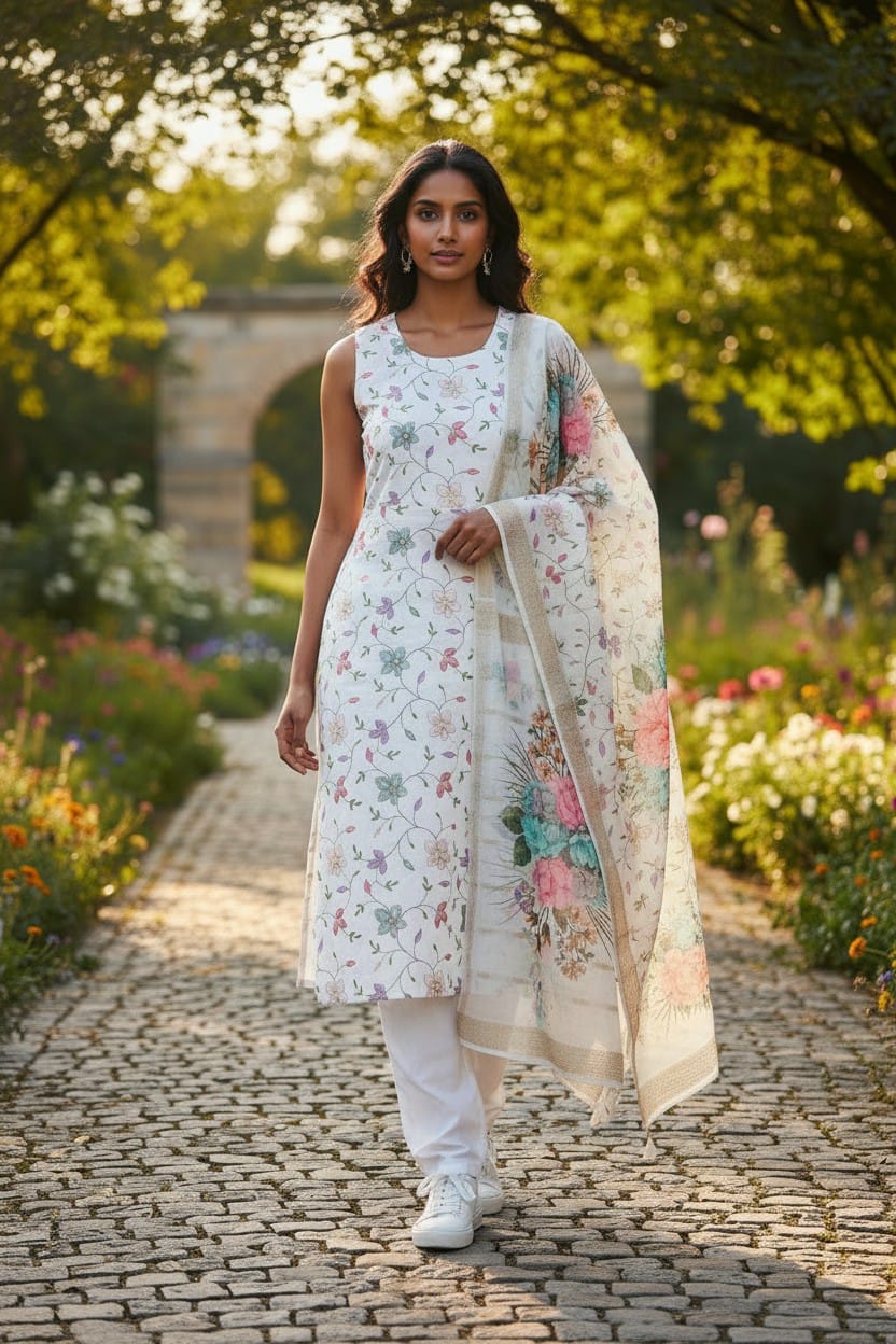 Womens Silk Full Embroidered Kurta, Pant & Dupatta Set 1005