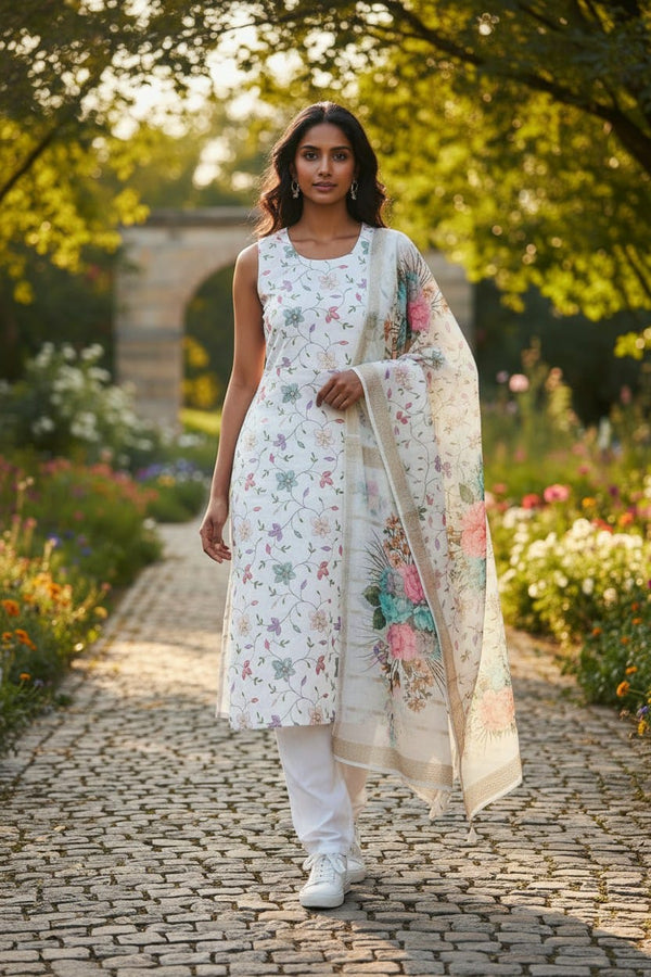 Womens Silk Full Embroidered Kurta, Pant & Dupatta Set 1005