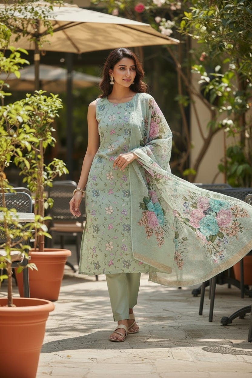 Womens Silk Full Embroidered Kurta, Pant & Dupatta Set 1005