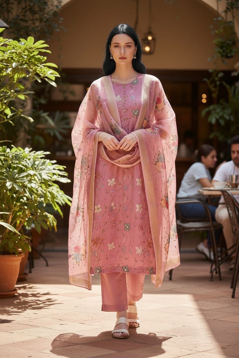 Womens Silk Full Embroidered Kurta, Pant & Dupatta Set 1005