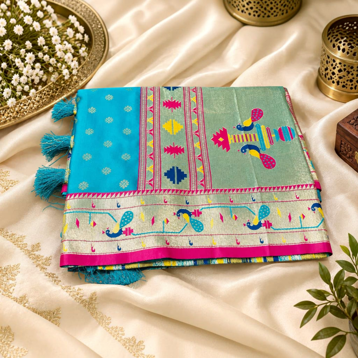 City Center satin silk saree in turquoise and green with vibrant peacock motifs and a bright pink border