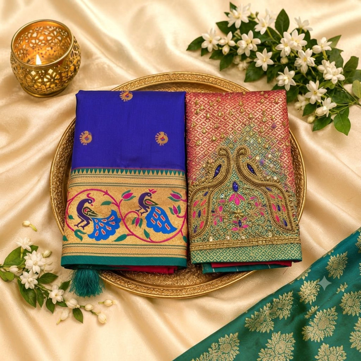 City Center designer saree featuring a royal blue fabric with peacock border and an intricately embroidered blouse