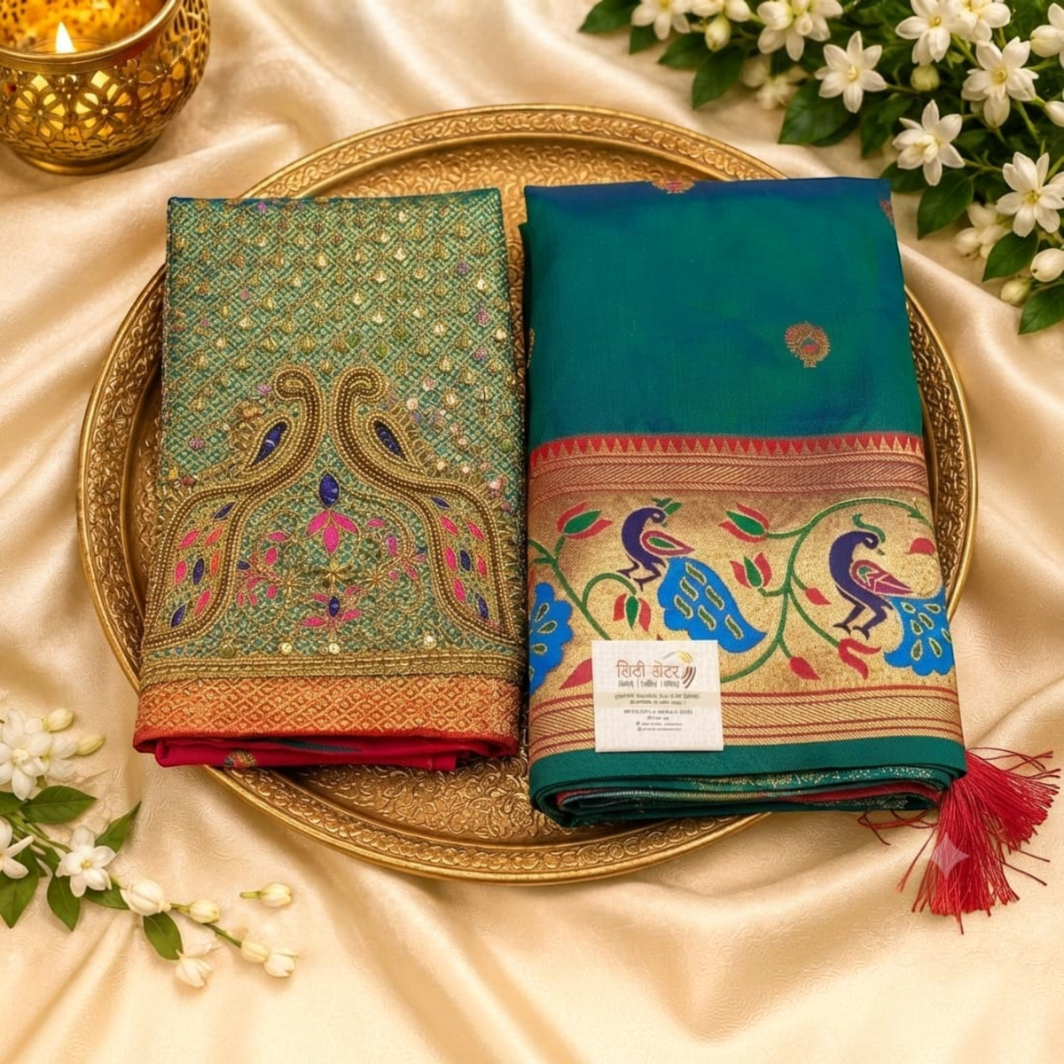 City Center designer saree in teal with intricate peacock embroidery on the blouse and gold zari border detailing.