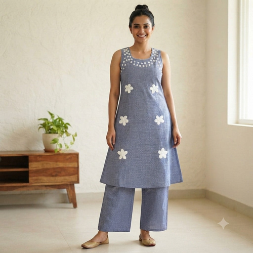 City Center blue co-ord set featuring a sleeveless tunic with white floral embroidery and matching wide-leg trousers.