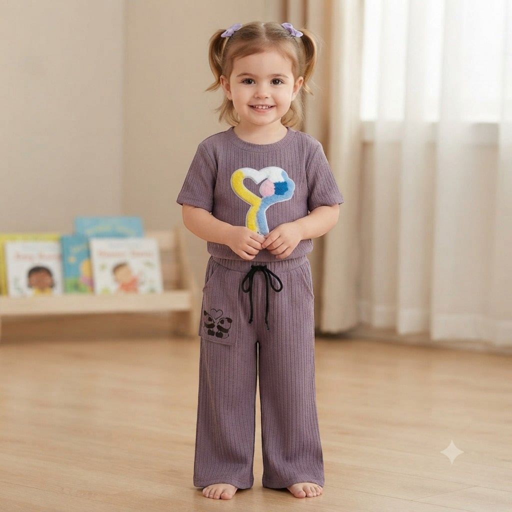 City Center Korian co-ord set for kids featuring a purple ribbed top and matching wide-leg trousers with heart patch