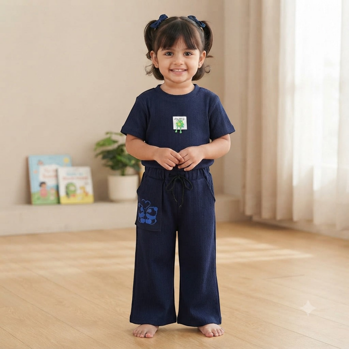 City Center Korian co-ord set for kids featuring a navy blue ribbed short-sleeve top and matching wide-leg trousers.