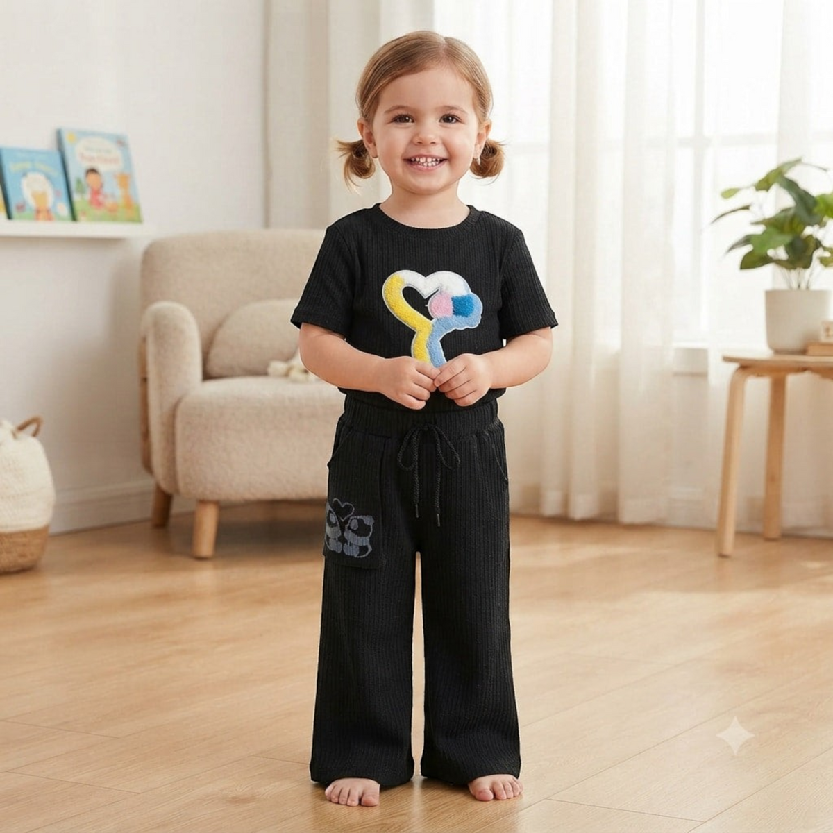 City Center black ribbed co-ord set featuring a heart graphic t-shirt and wide-leg trousers worn by a young girl