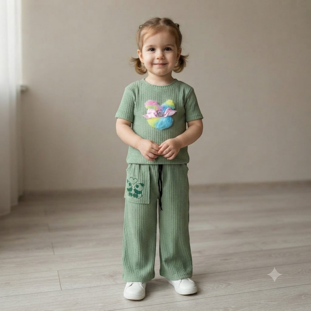 City Center Korian co-ord set for kids featuring a sage green ribbed top and matching wide-leg trousers with a plush bear