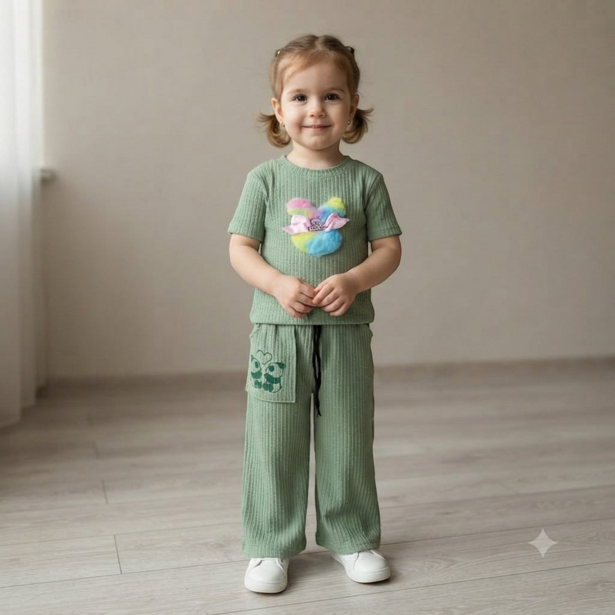 City Center Korian co-ord set for kids featuring a sage green ribbed top and matching wide-leg trousers with a plush bear