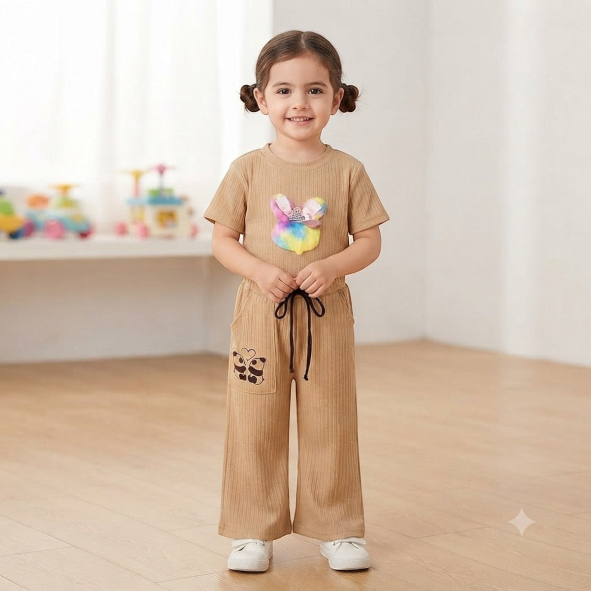 City Center Korian co-ord set for kids featuring a tan ribbed top with a tie-dye bunny patch and matching trousers.