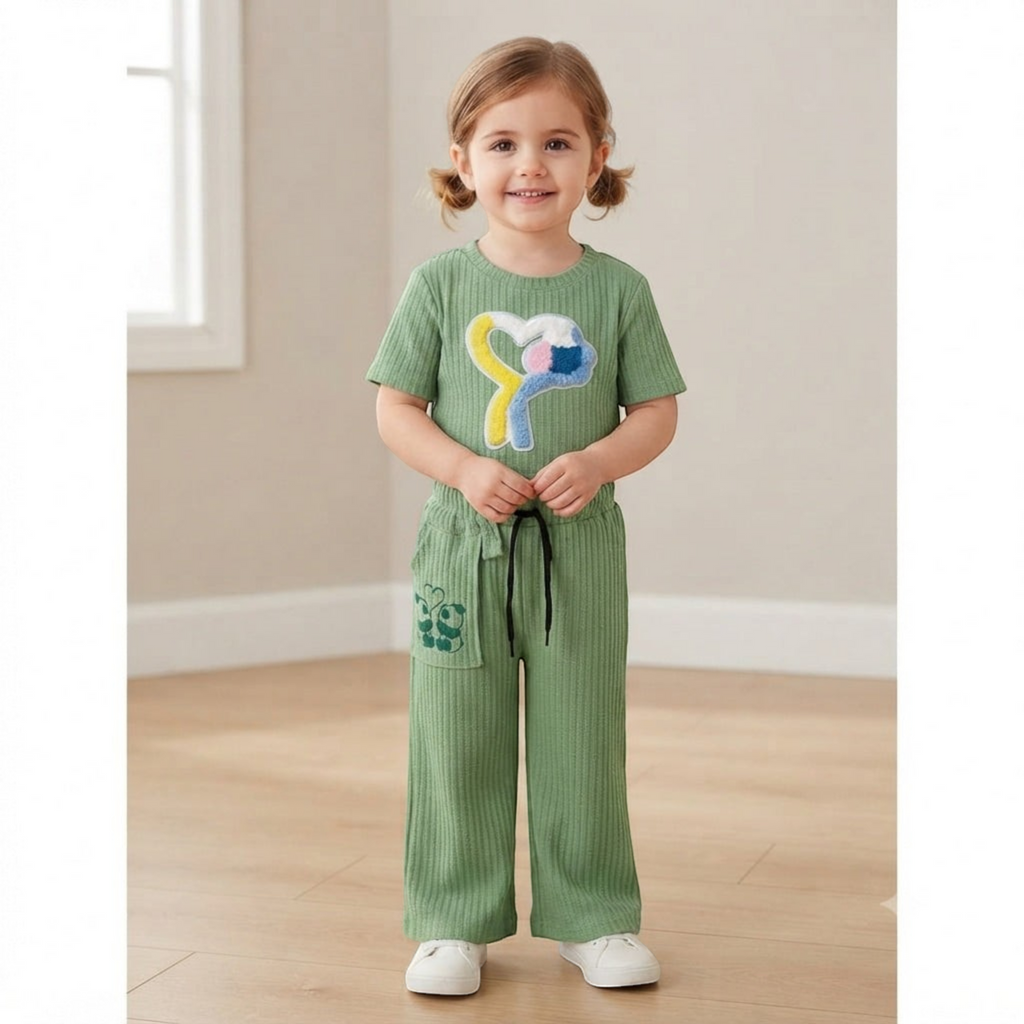 City Center Korian co-ord set for kids featuring a ribbed sage green t-shirt with heart graphic and matching pants.