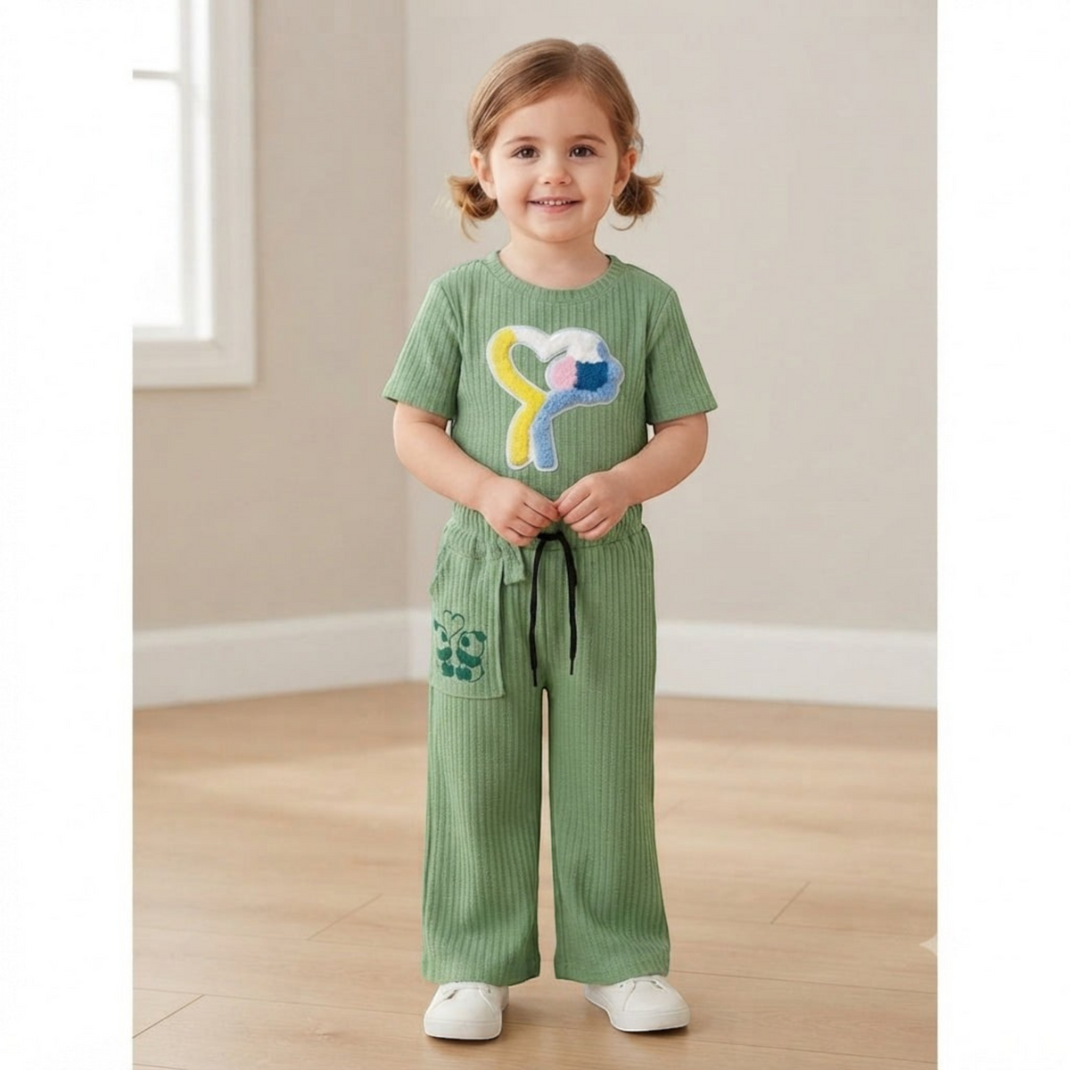City Center Korian co-ord set for kids featuring a ribbed sage green t-shirt with heart graphic and matching pants.