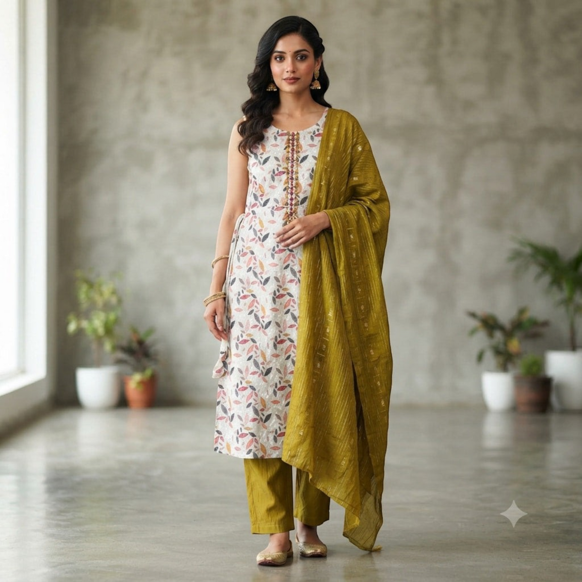 City Center Kalki Churidar set with white leaf-print tunic, olive green trousers, and matching olive dupatta
