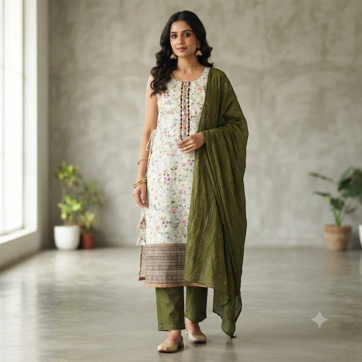 City Center Kalki Churidar set featuring a floral print kurta, olive green trousers, and a matching sheer dupatta.