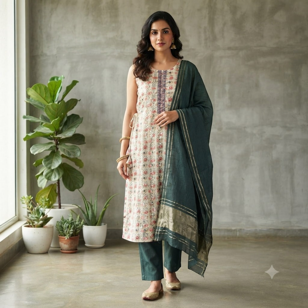 City Center Kalki Churidar set featuring a floral print sleeveless kurta with dark green trousers and a matching dupatta
