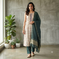 City Center Kalki Churidar set featuring a floral print sleeveless kurta with dark green trousers and a matching dupatta