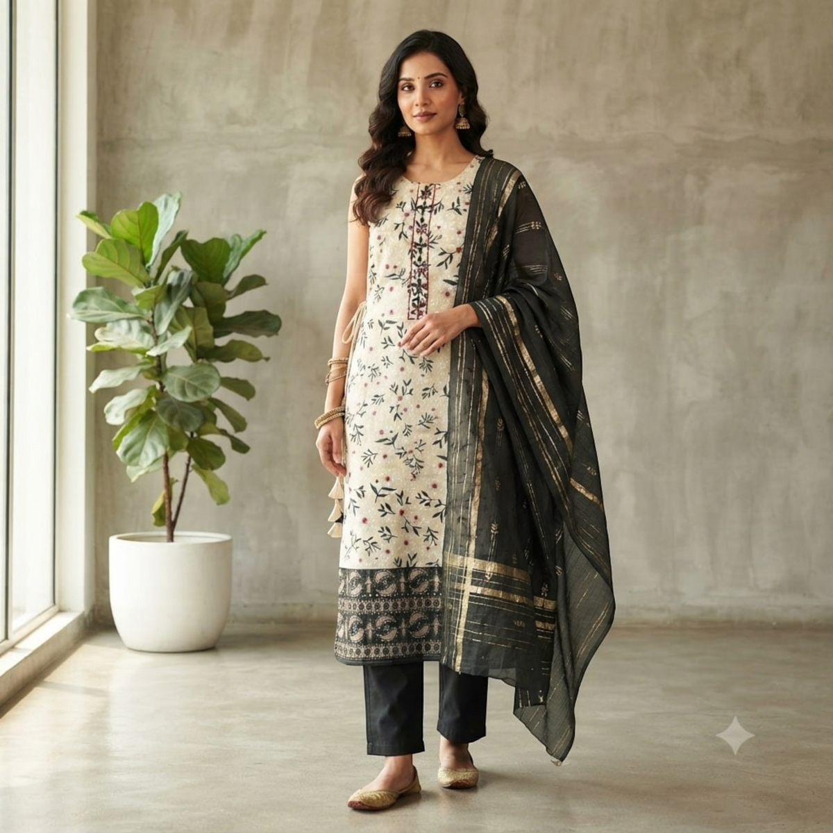 City Center Kalki Churidar set featuring a cream floral tunic, black trousers, and a matching black dupatta.