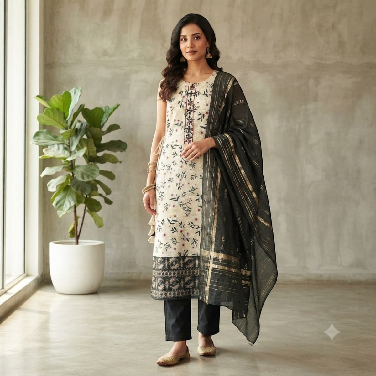 City Center Kalki Churidar set featuring a cream floral tunic, black trousers, and a matching black dupatta.