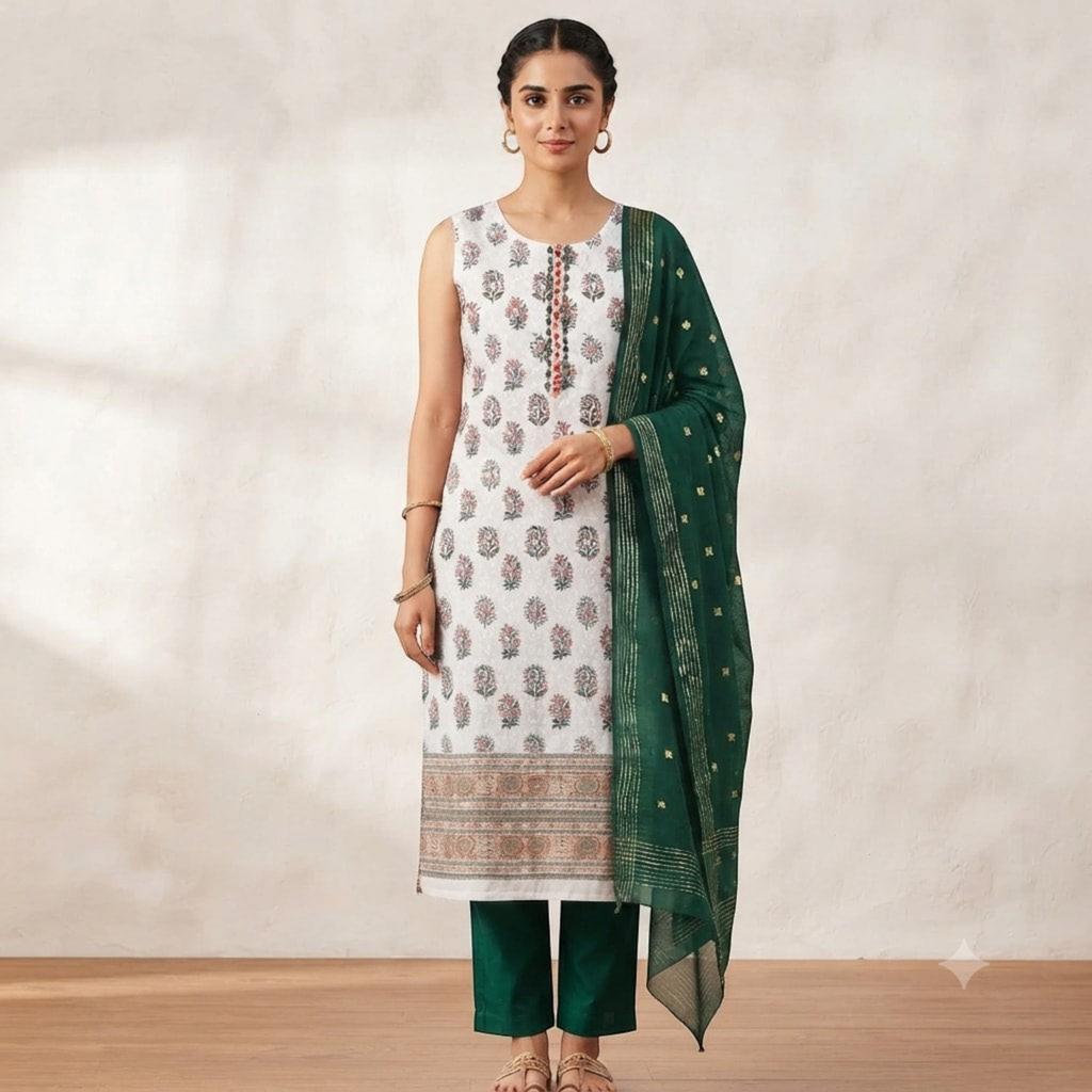 City Center Kalki Churidar set featuring a white floral print sleeveless kurta, dark green trousers, and a dupatta.